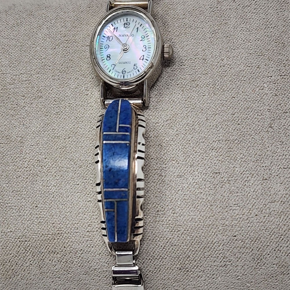 Vintage Lapis Inlay Oval Sterling Silver Expandable Women's Navajo‎ Quartz Watch - Picture 4 of 14